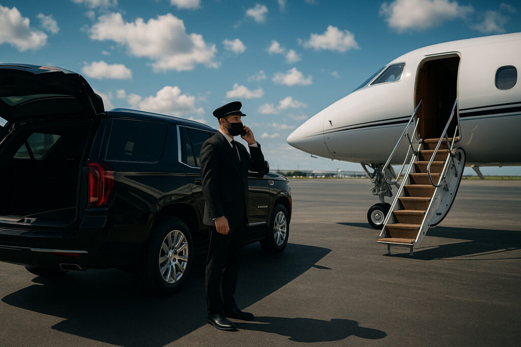 Professional driver next to a black SUV on a private airport runway